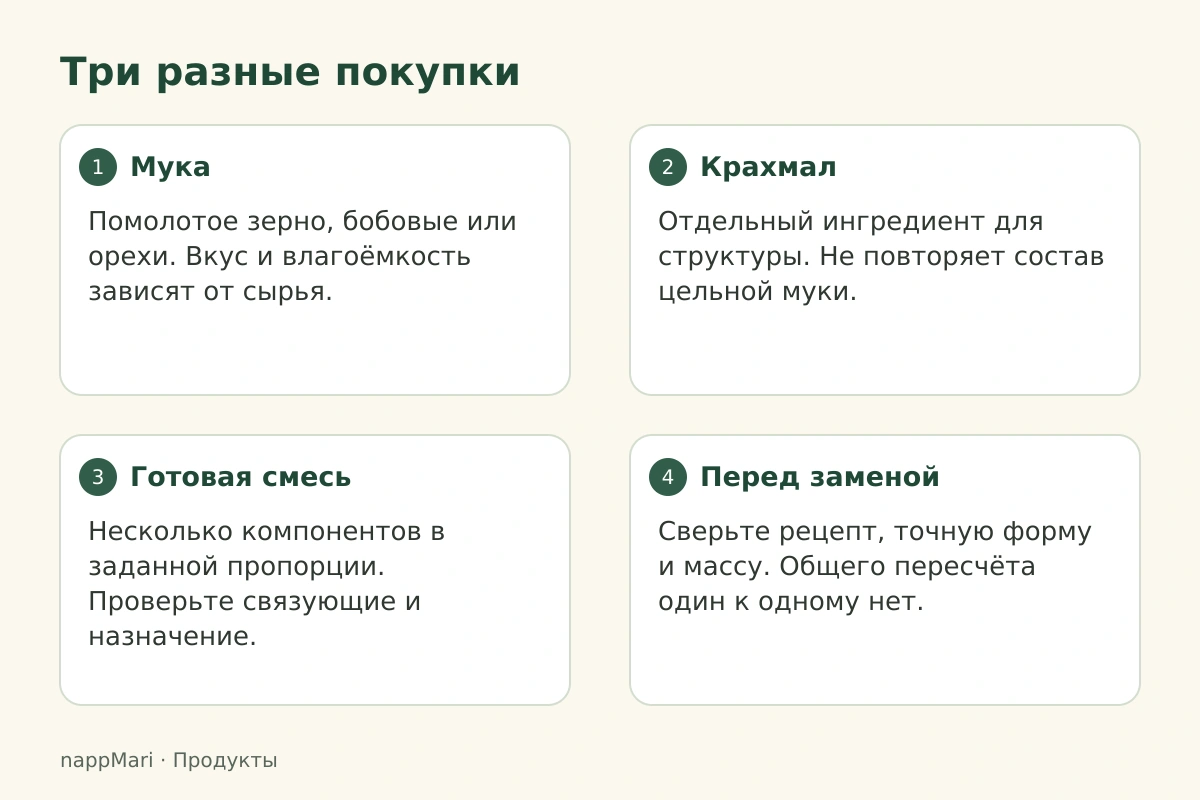 Три разные покупки: Мука — Помолотое зерно, бобовые или орехи. Вкус и влагоёмкость зависят от сырья.; Крахмал — Отдельный ингредиент для структуры. Не повторяет состав цельной муки.; Готовая смесь — Несколько компонентов в заданной пропорции. Проверьте связующие и назначение.; Перед заменой — Сверьте рецепт, точную форму и массу. Общего пересчёта один к одному нет.