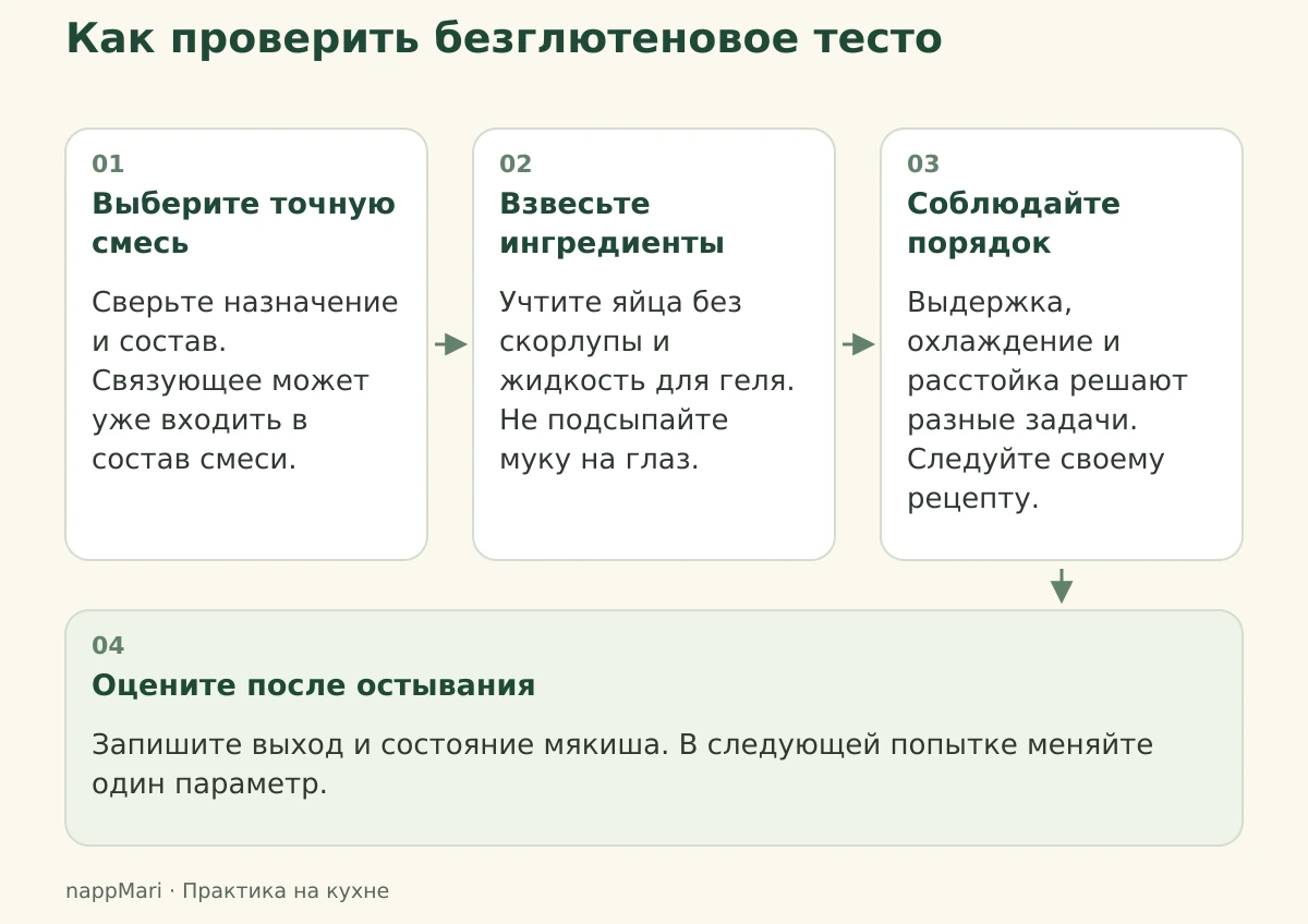 Четыре шага проверки: точная смесь, взвешивание, порядок приготовления и оценка остывшей выпечки