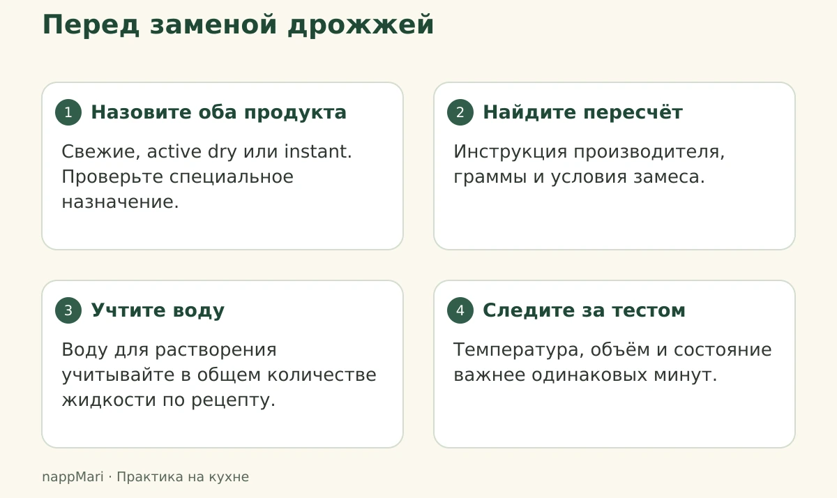 Четыре шага замены дрожжей: определить продукты, применить пересчёт производителя, учесть воду и наблюдать за тестом