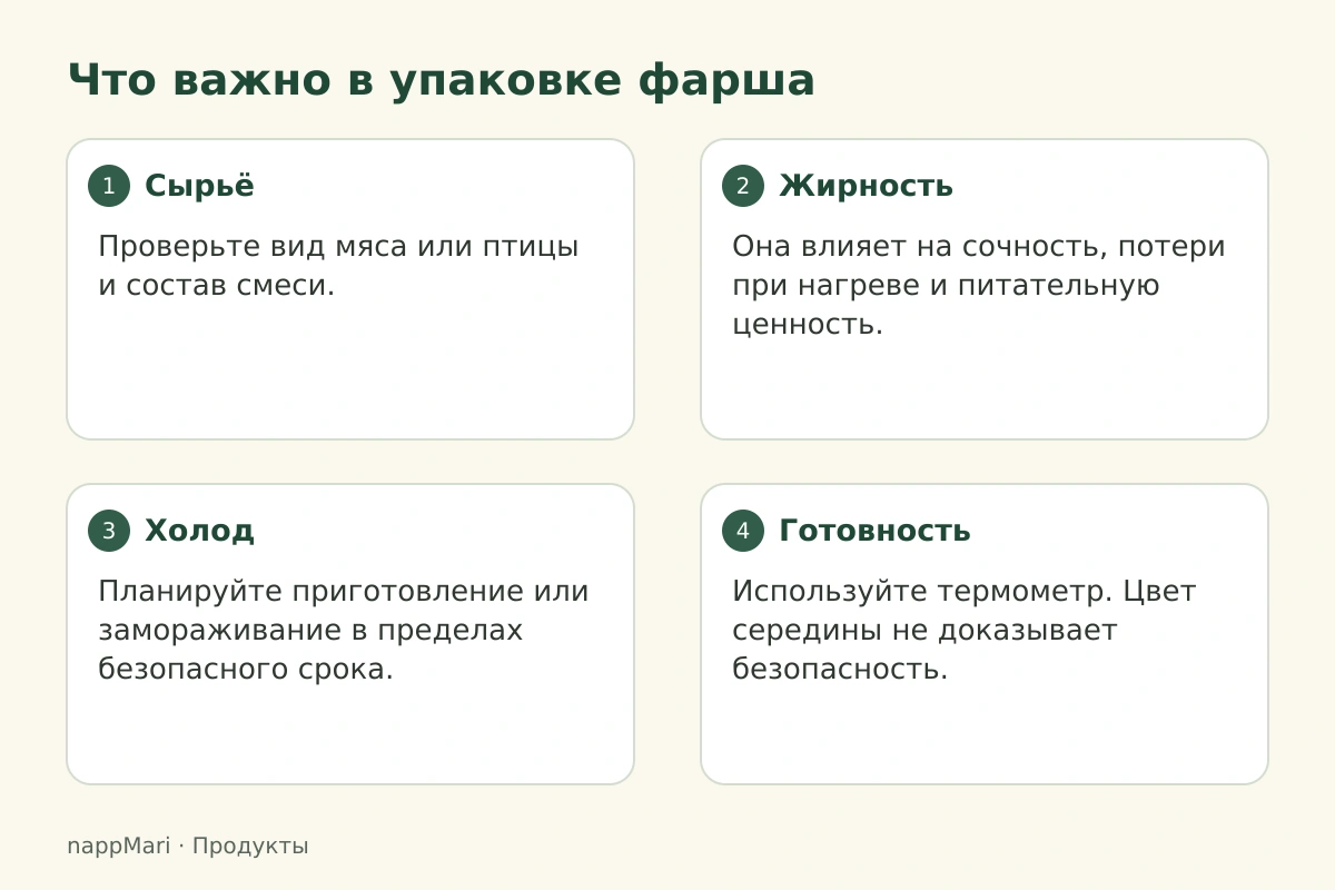 Что важно в упаковке фарша: Сырьё — Проверьте вид мяса или птицы и состав смеси.; Жирность — Она влияет на сочность, потери при нагреве и питательную ценность.; Холод — Планируйте приготовление или замораживание в пределах безопасного срока.; Готовность — Используйте термометр. Цвет середины не доказывает безопасность.