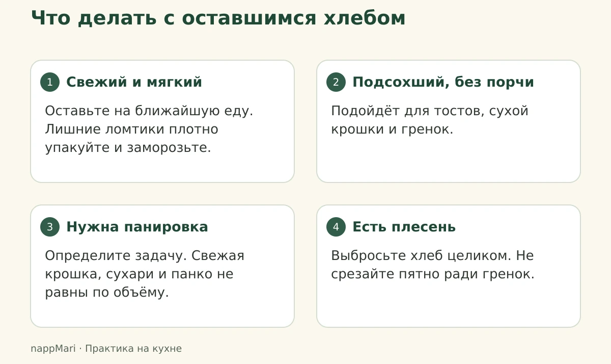 Четыре решения для хлеба: съесть или заморозить свежий, использовать подсохший, выбрать подходящую панировку и выбросить заплесневевший
