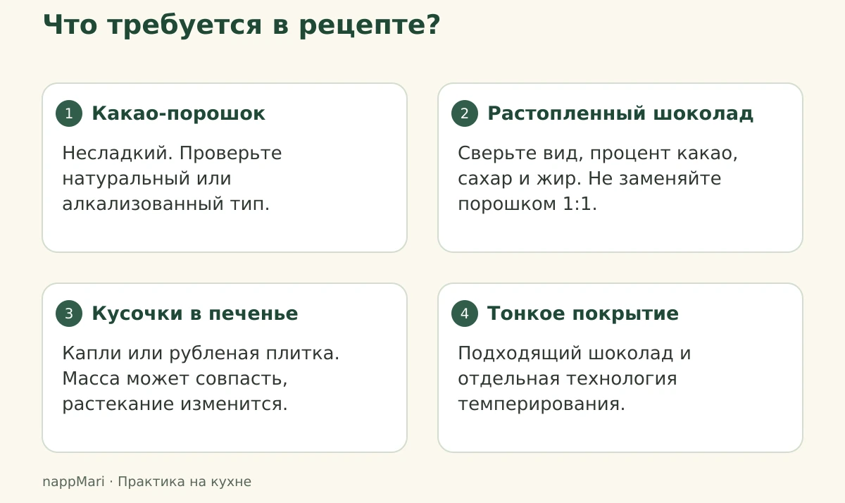Схема выбора: несладкий порошок для какао в рецепте, шоколад подходящего состава для плавления, капли или кусочки для печенья, отдельная технология для покрытия