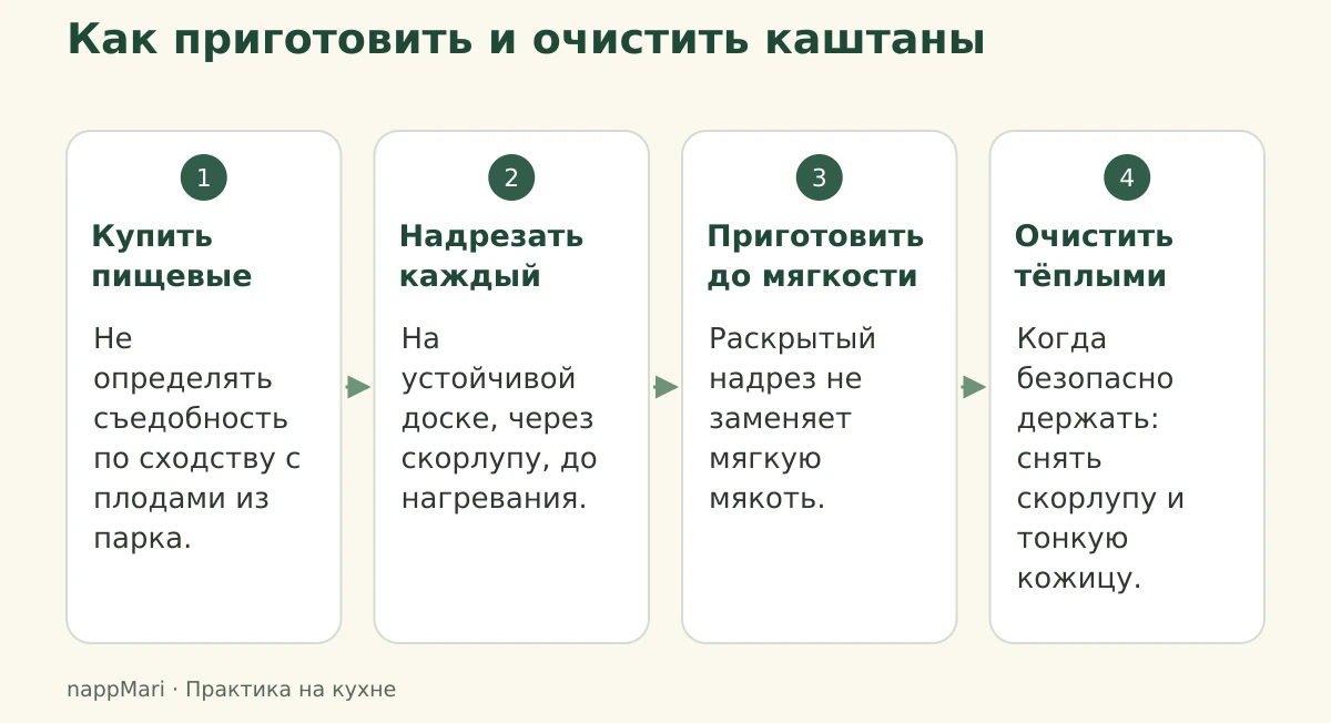 Четыре этапа подготовки пищевых каштанов: покупка, надрез, проверка мягкости и очистка