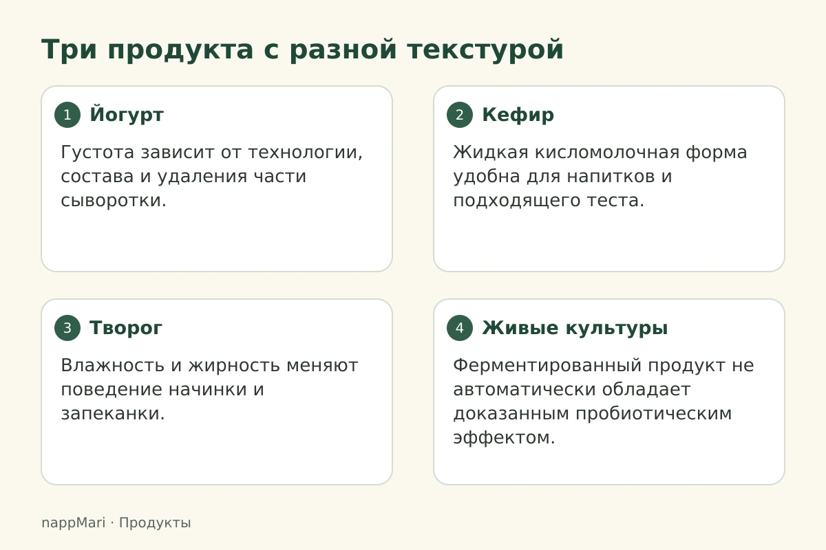 Три продукта с разной текстурой: Йогурт — Густота зависит от технологии, состава и удаления части сыворотки.; Кефир — Жидкая кисломолочная форма удобна для напитков и подходящего теста.; Творог — Влажность и жирность меняют поведение начинки и запеканки.; Живые культуры — Ферментированный продукт не автоматически обладает доказанным пробиотическим эффектом.