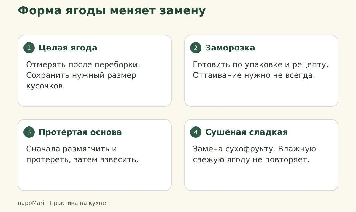 Свежие, замороженные, протёртые и сушёные ягоды: разные действия перед заменой в блюде.