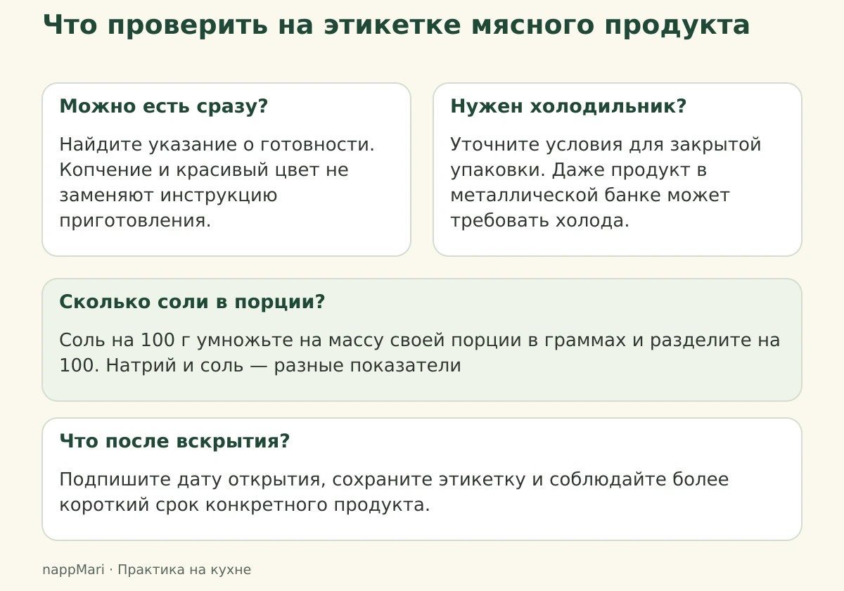 Четыре вопроса к этикетке: готовность, холодильник, соль на порцию и срок после открытия