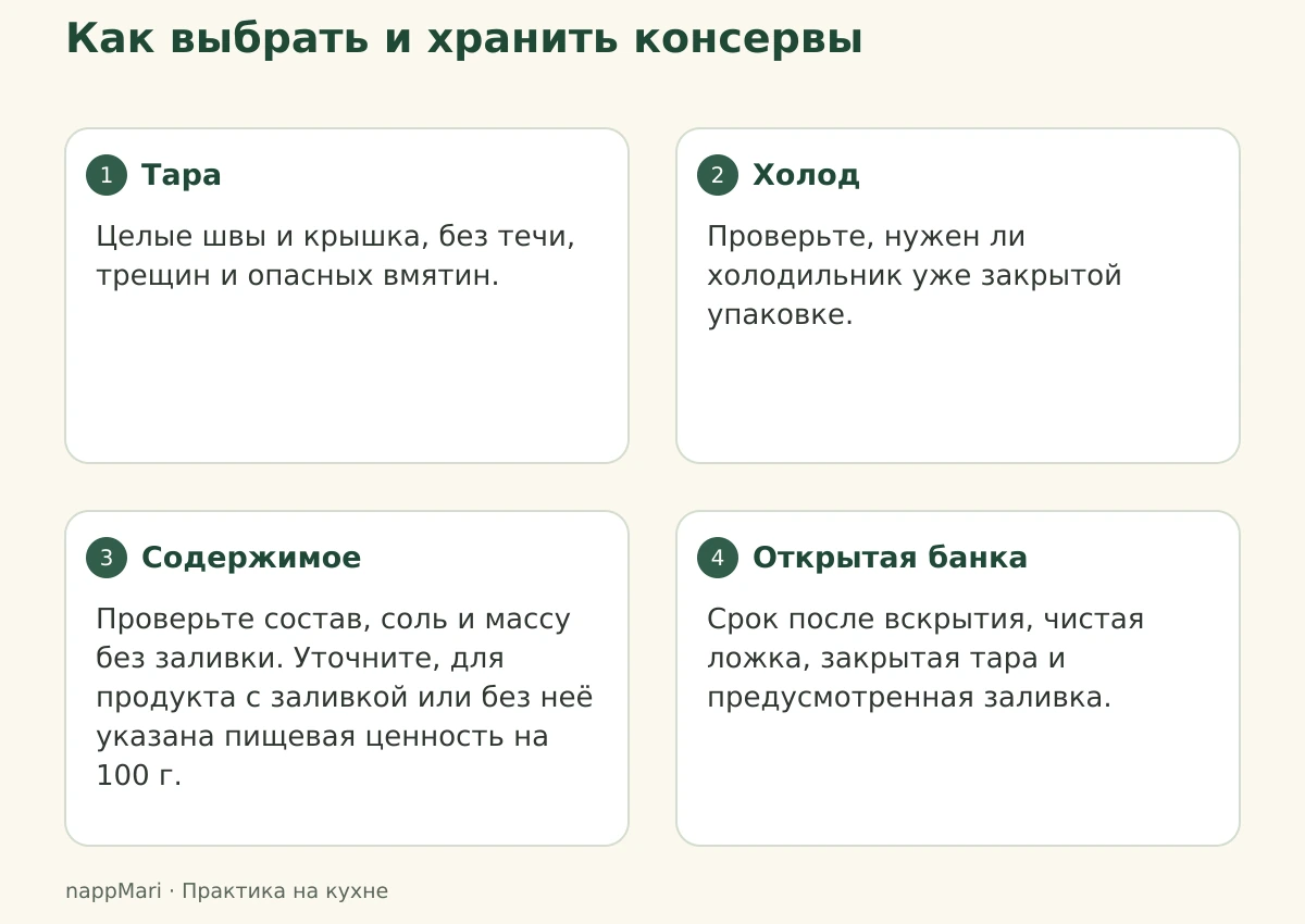 Проверки при выборе овощных консервов: целостность тары, условия холода, состав и масса, правила после открытия