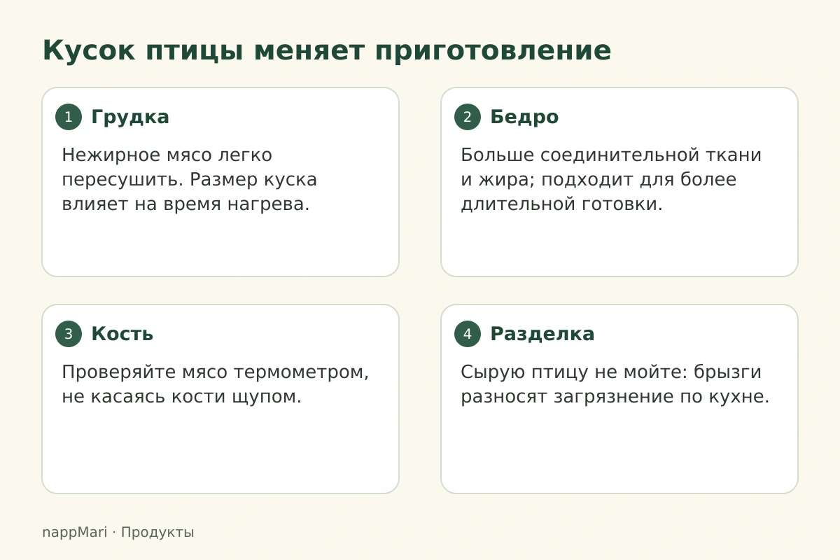 Кусок птицы меняет приготовление: Грудка — Нежирное мясо легко пересушить. Размер куска влияет на время нагрева.; Бедро — Больше соединительной ткани и жира; подходит для более длительной готовки.; Кость — Проверяйте мясо термометром, не касаясь кости щупом.; Разделка — Сырую птицу не мойте: брызги разносят загрязнение по кухне.