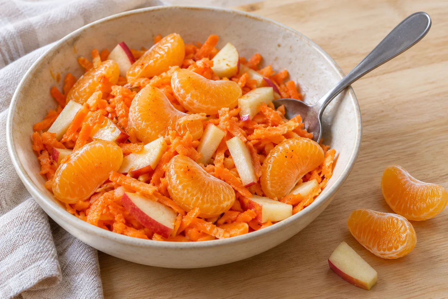 Салат из целых мандариновых долек, крупно натёртой моркови и небольших кусочков яблока