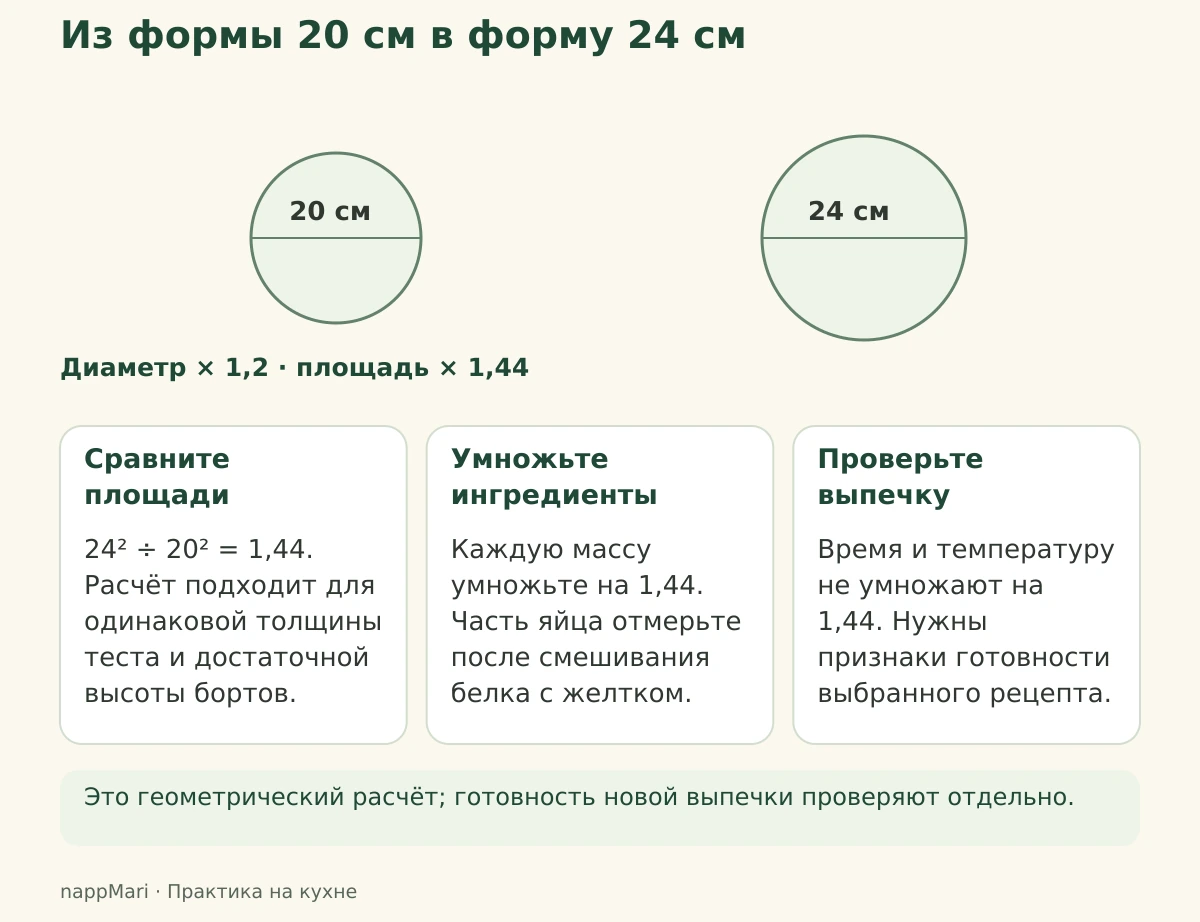 Три шага пересчёта круглой формы с 20 до 24 сантиметров через коэффициент 1,44