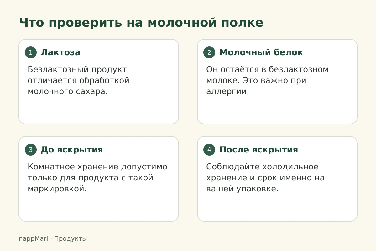 Что проверить на молочной полке: Лактоза — Безлактозный продукт отличается обработкой молочного сахара.; Молочный белок — Он остаётся в безлактозном молоке. Это важно при аллергии.; До вскрытия — Комнатное хранение допустимо только для продукта с такой маркировкой.; После вскрытия — Соблюдайте холодильное хранение и срок именно на вашей упаковке.