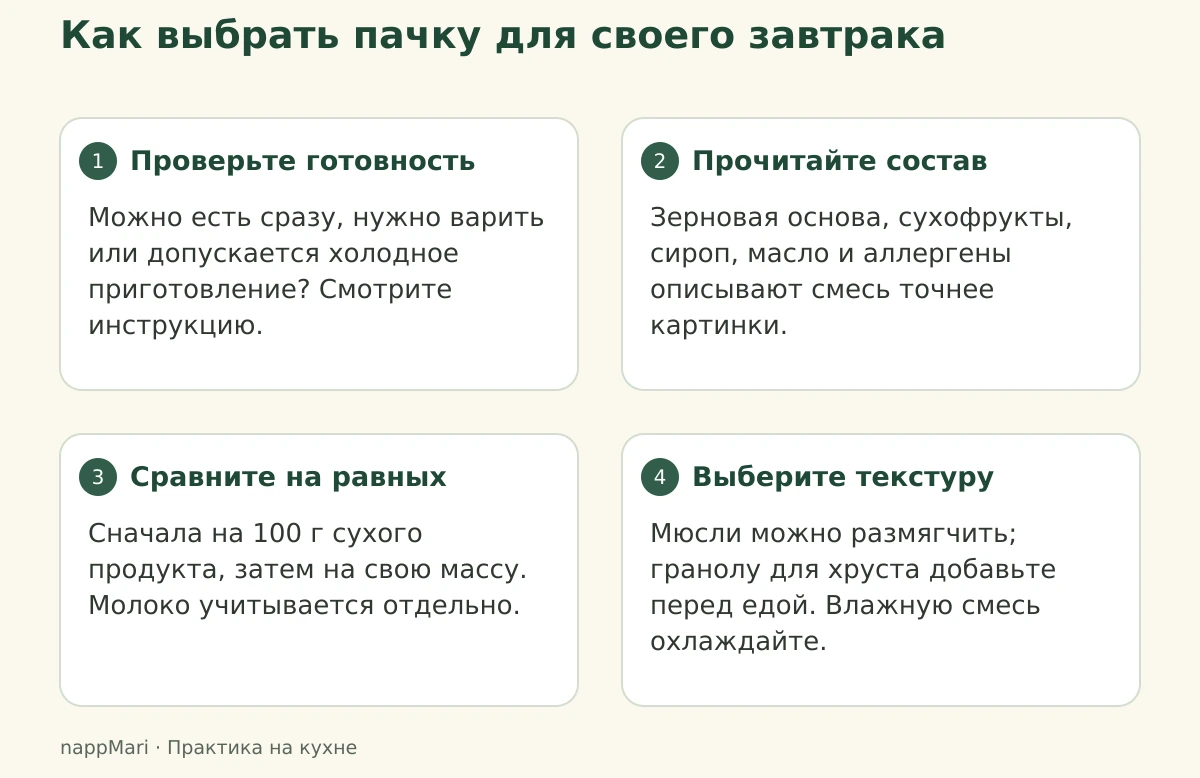 Четыре шага выбора сухого завтрака: инструкция приготовления, состав, одинаковая масса для сравнения и желаемая текстура