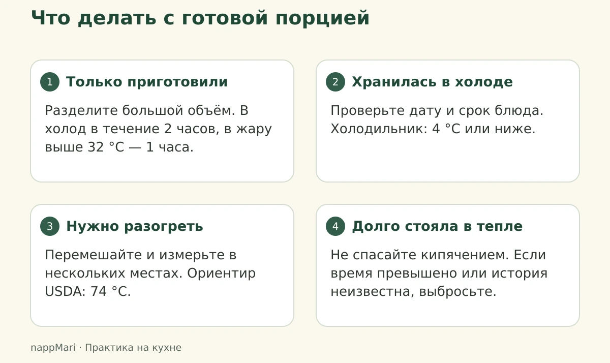 Порядок действий для готовой еды: быстро охладить небольшими порциями, проверить холодное хранение, разогреть до 74 °C или выбросить при нарушенной истории хранения