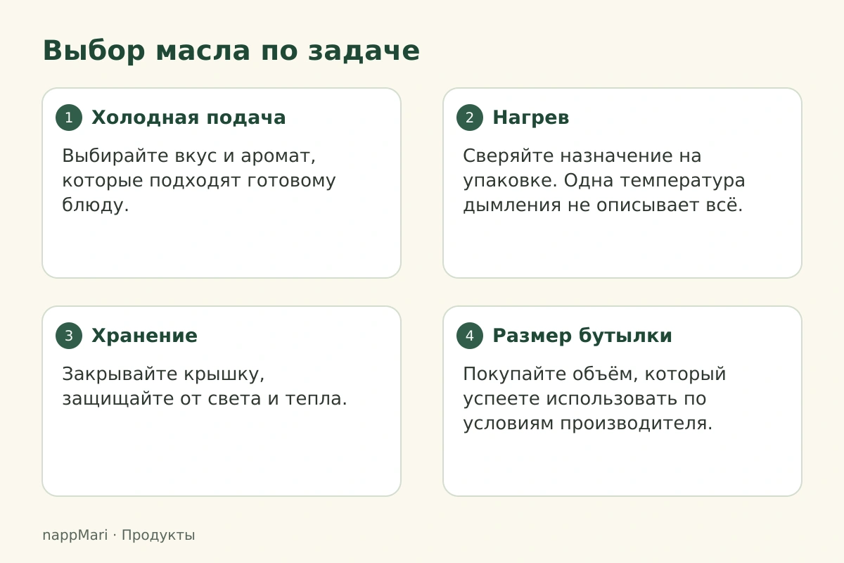 Выбор масла по задаче: Холодная подача — Выбирайте вкус и аромат, которые подходят готовому блюду.; Нагрев — Сверяйте назначение на упаковке. Одна температура дымления не описывает всё.; Хранение — Закрывайте крышку, защищайте от света и тепла.; Размер бутылки — Покупайте объём, который успеете использовать по условиям производителя.