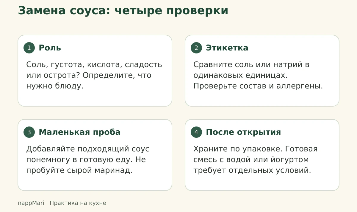 Четыре шага замены соуса: определить роль, проверить этикетку, сделать маленькую вкусовую пробу и соблюдать хранение