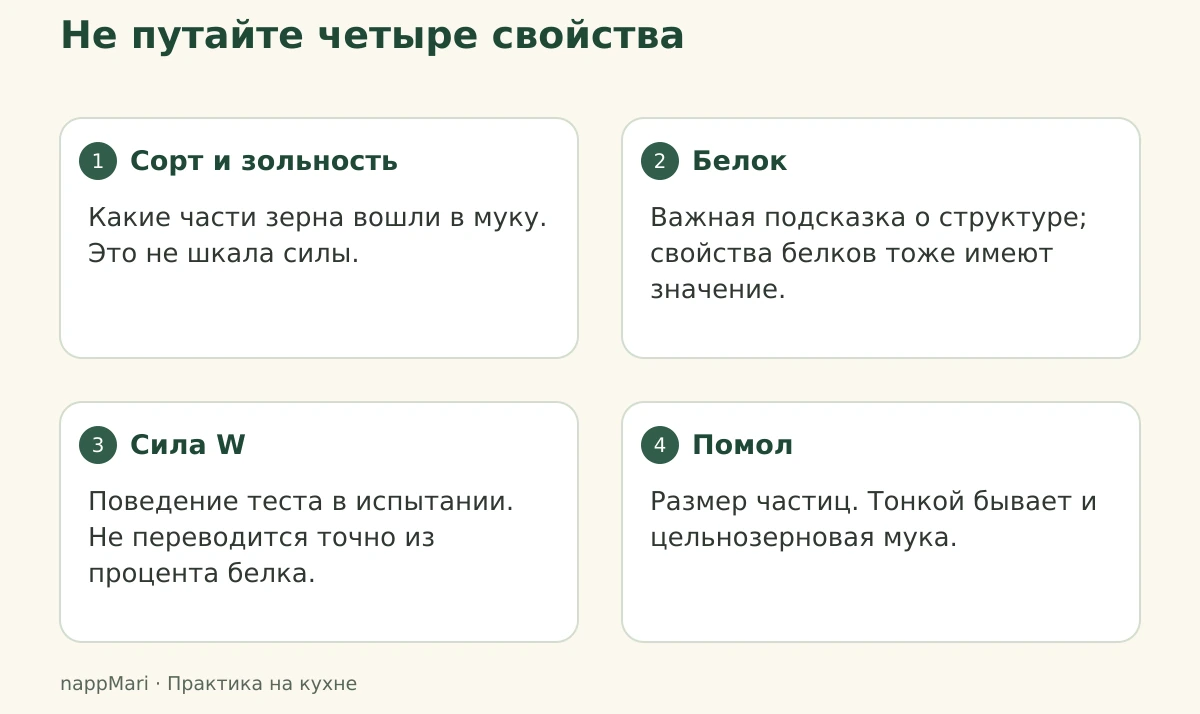 Четыре независимых свойства муки: сорт и зольность, количество белка, сила W и размер частиц помола