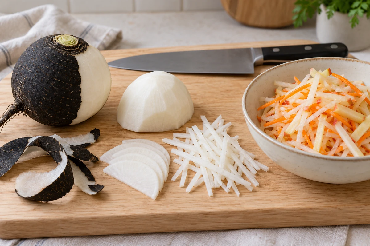 Чёрная редька с частично снятой кожицей, очищенная половинка на плоском срезе, тонкие полукружья, соломка и салат с морковью и яблоком