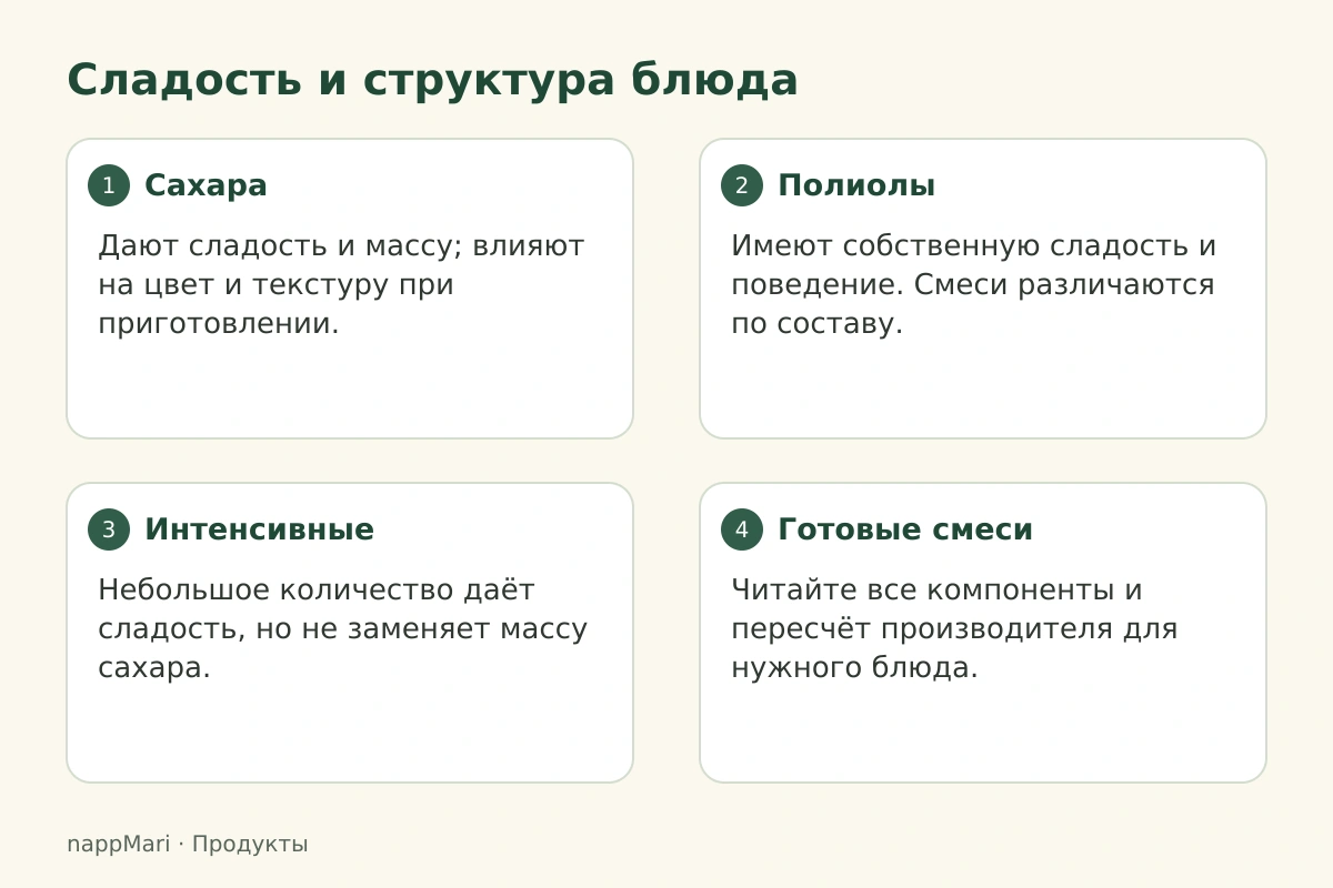Сладость и структура блюда: Сахара — Дают сладость и массу; влияют на цвет и текстуру при приготовлении.; Полиолы — Имеют собственную сладость и поведение. Смеси различаются по составу.; Интенсивные — Небольшое количество даёт сладость, но не заменяет массу сахара.; Готовые смеси — Читайте все компоненты и пересчёт производителя для нужного блюда.