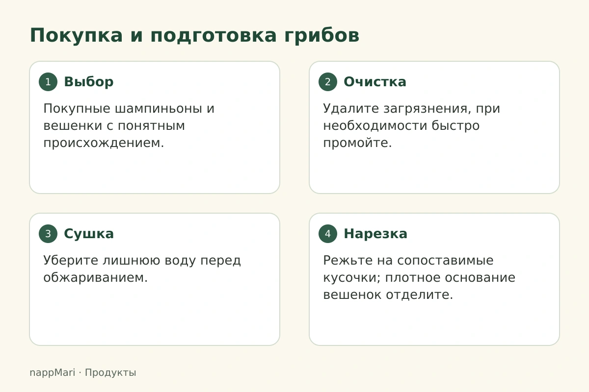 Покупка и подготовка грибов: Выбор — Покупные шампиньоны и вешенки с понятным происхождением.; Очистка — Удалите загрязнения, при необходимости быстро промойте.; Сушка — Уберите лишнюю воду перед обжариванием.; Нарезка — Режьте на сопоставимые кусочки; плотное основание вешенок отделите.