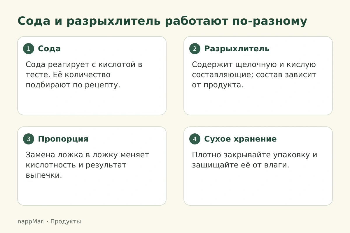 Сода и разрыхлитель работают по-разному: Сода — Сода реагирует с кислотой в тесте. Её количество подбирают по рецепту.; Разрыхлитель — Содержит щелочную и кислую составляющие; состав зависит от продукта.; Пропорция — Замена ложка в ложку меняет кислотность и результат выпечки.; Сухое хранение — Плотно закрывайте упаковку и защищайте её от влаги.