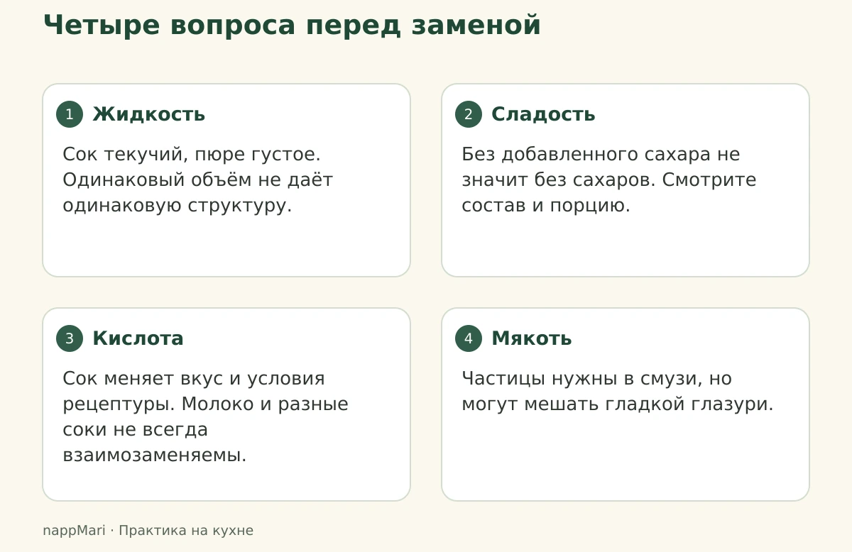 Четыре свойства фруктового продукта для выбора в рецепте: жидкость, сладость, кислота и мякоть