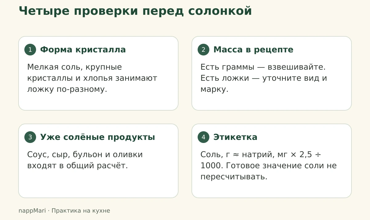 Схема контроля соли: различить кристаллы, проверить массу, учесть солёные продукты и правильно перевести натрий в солевой эквивалент