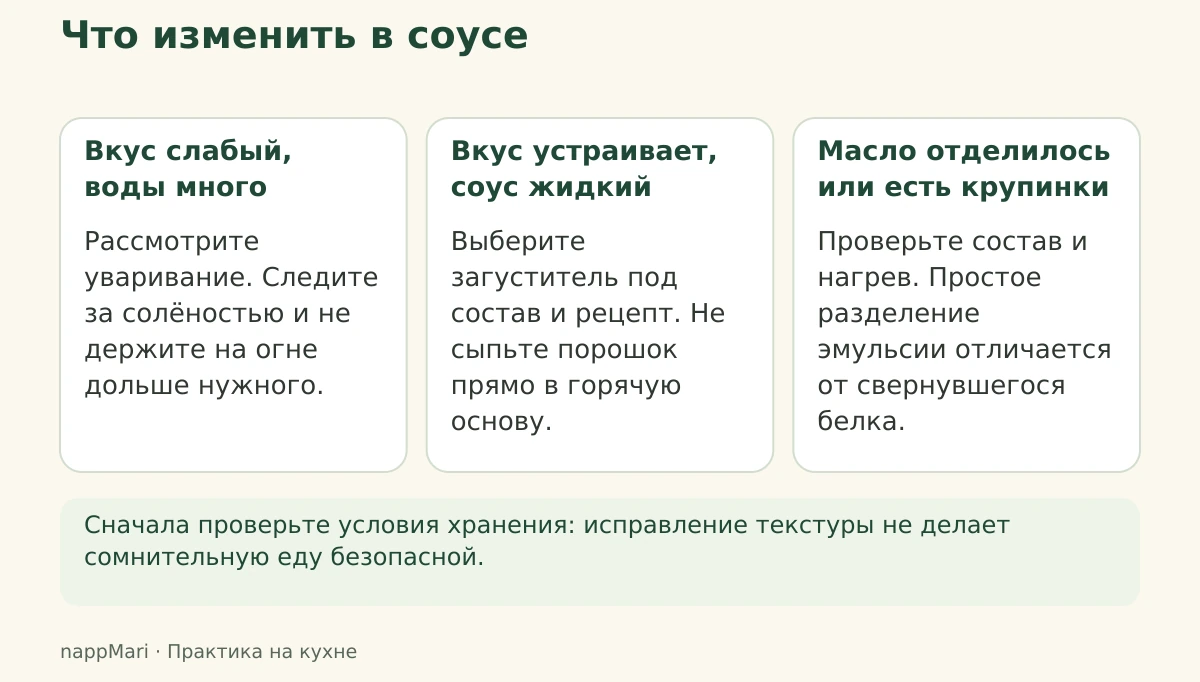 Выбор между увариванием, загущением и проверкой расслоившейся смеси