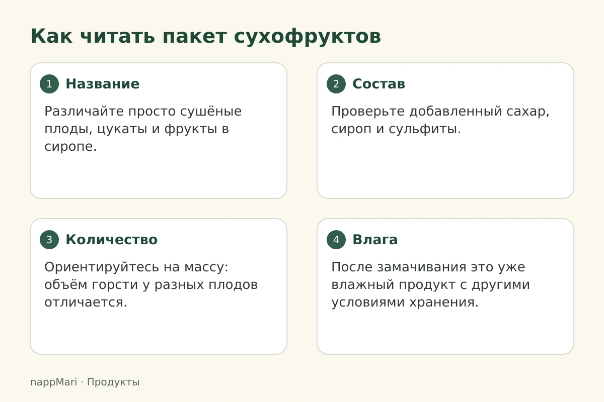 Как читать пакет сухофруктов: Название — Различайте просто сушёные плоды, цукаты и фрукты в сиропе.; Состав — Проверьте добавленный сахар, сироп и сульфиты.; Количество — Ориентируйтесь на массу: объём горсти у разных плодов отличается.; Влага — После замачивания это уже влажный продукт с другими условиями хранения.