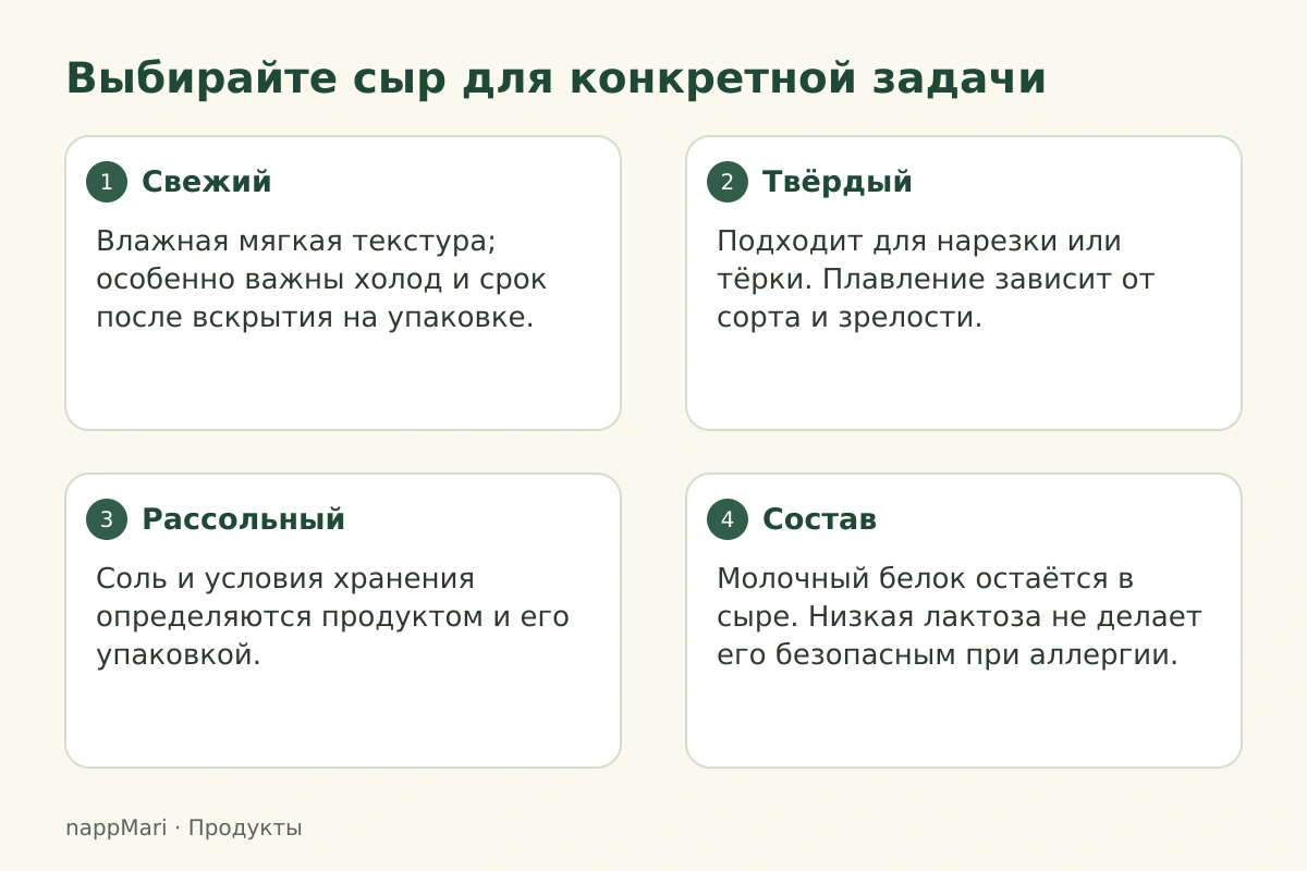 Выбирайте сыр для конкретной задачи: Свежий — Влажная мягкая текстура; особенно важны холод и срок после вскрытия на упаковке.; Твёрдый — Подходит для нарезки или тёрки. Плавление зависит от сорта и зрелости.; Рассольный — Соль и условия хранения определяются продуктом и его упаковкой.; Состав — Молочный белок остаётся в сыре. Низкая лактоза не делает его безопасным при аллергии.