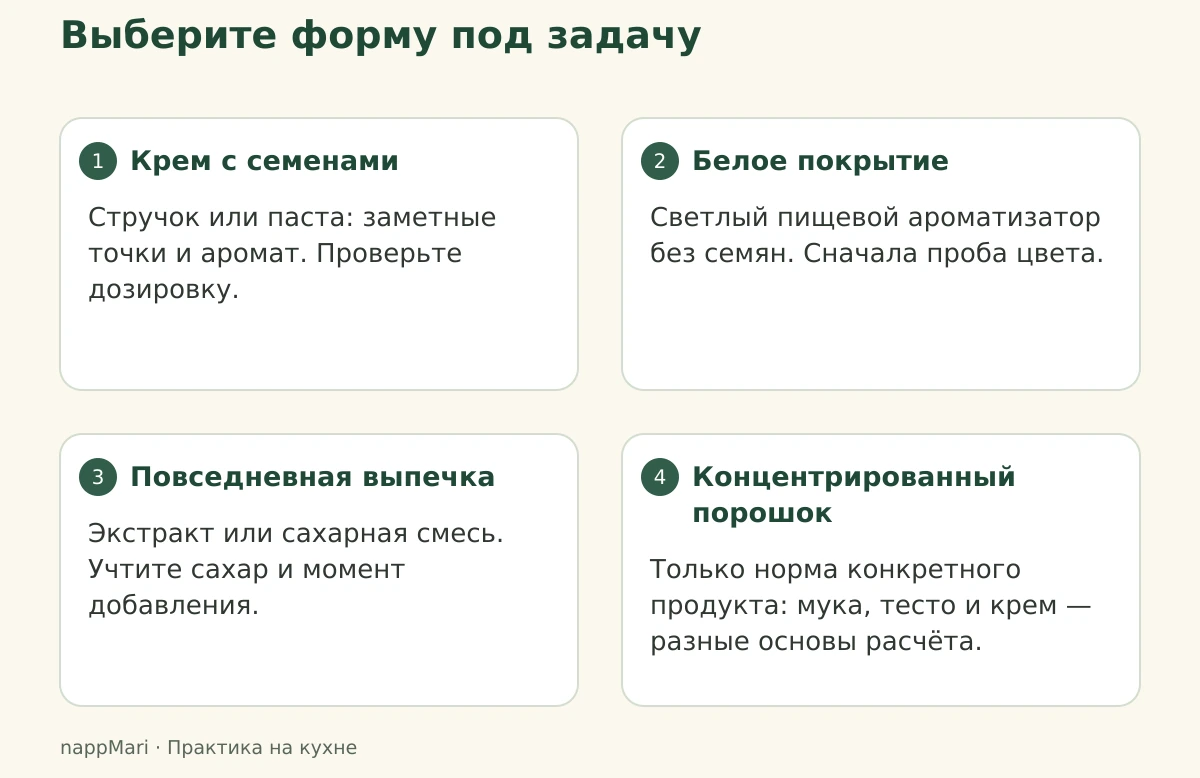 Схема выбора ванили для крема с семенами, белого покрытия, повседневной выпечки и точного дозирования концентрированного порошка