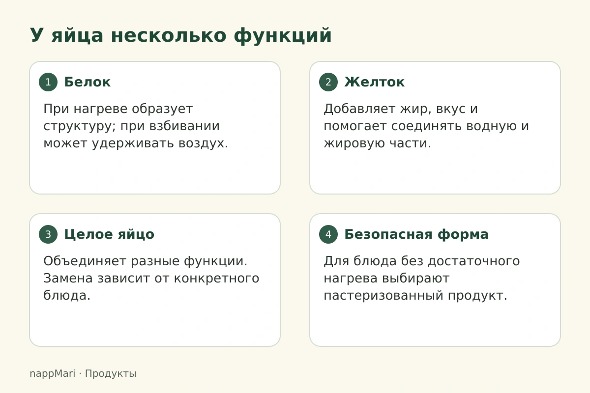 У яйца несколько функций: Белок — При нагреве образует структуру; при взбивании может удерживать воздух.; Желток — Добавляет жир, вкус и помогает соединять водную и жировую части.; Целое яйцо — Объединяет разные функции. Замена зависит от конкретного блюда.; Безопасная форма — Для блюда без достаточного нагрева выбирают пастеризованный продукт.