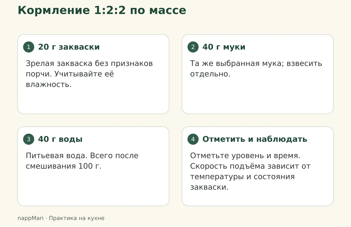 Схема кормления 1:2:2: 20 граммов закваски, 40 граммов муки и 40 граммов воды, затем отметка уровня и наблюдение