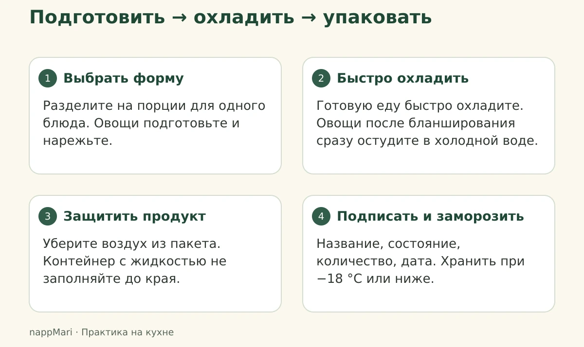 Четыре этапа домашней заморозки: выбрать форму, охладить, упаковать и подписать.