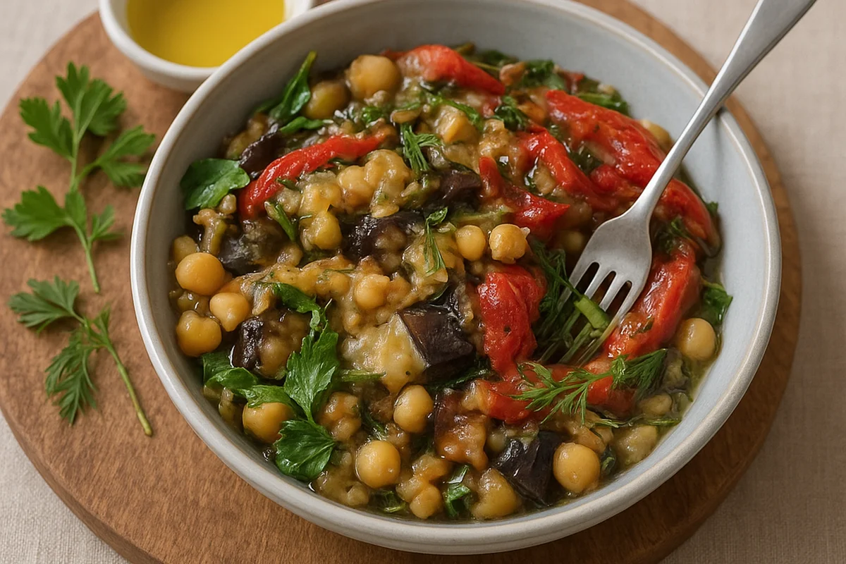 Тёплый салат из запечённых баклажанов 